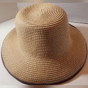 Wide Brim Straw Sun Hat - Natural Tan with Dark Trim